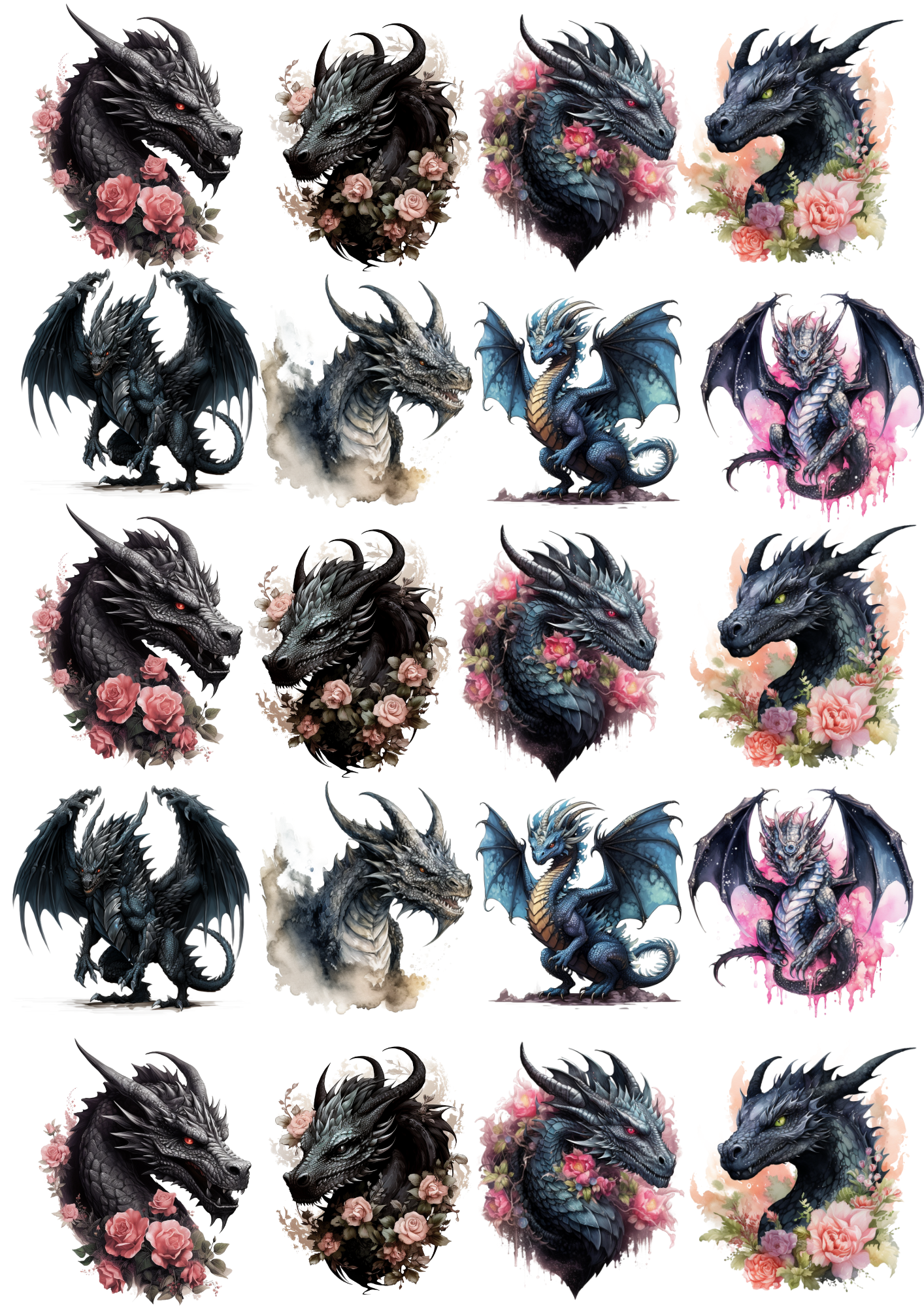 Sticker Sheet / Greeting Card – Gothic Dragons In Flowers 2 Cat. No. 4460
