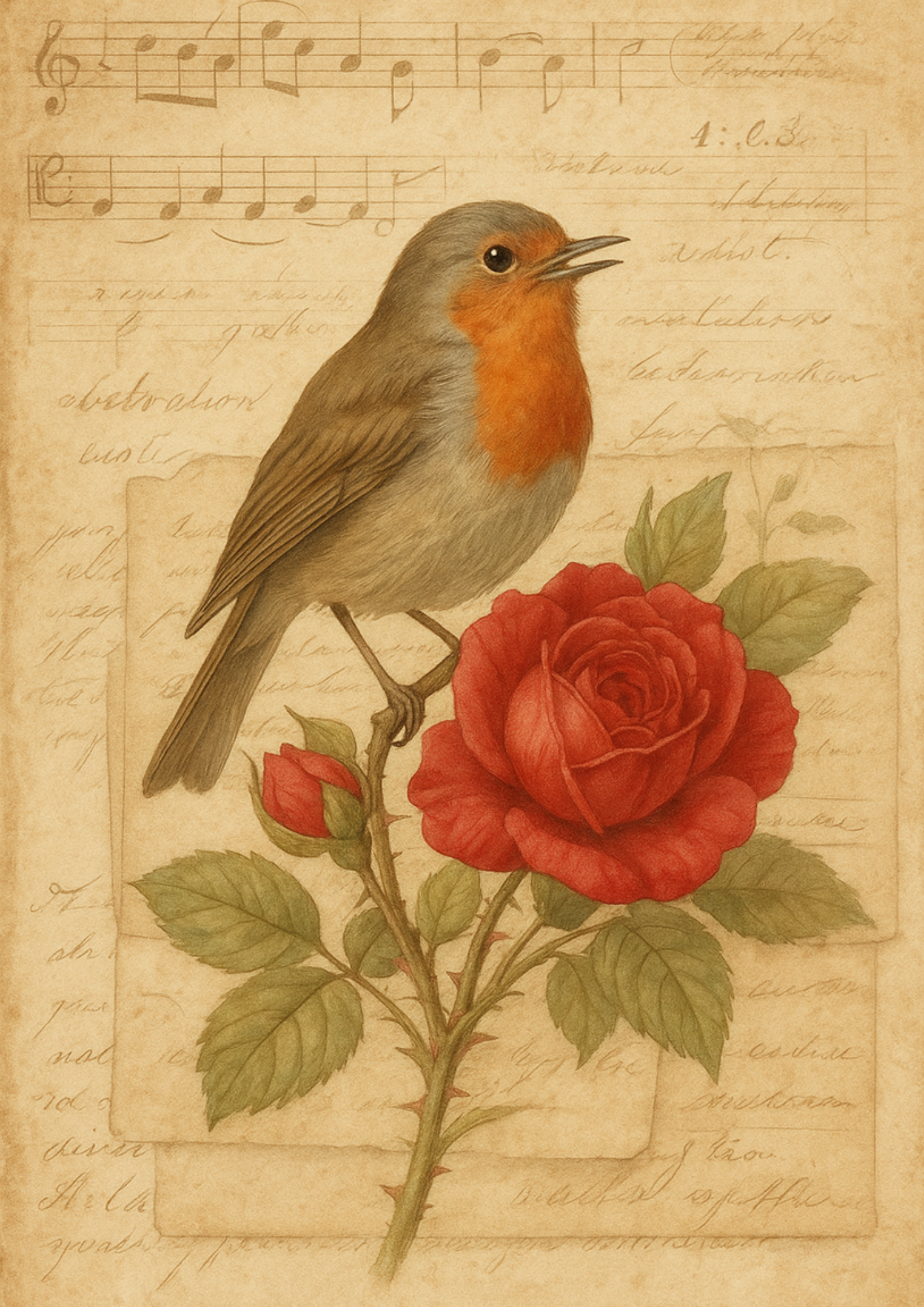 Sticker Sheet / Greeting Card – Red Robin On Rose And Music Notes Vintage Full Cat. No. 4488