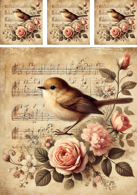 Sticker Sheet – Sparrow On Roses And Musical Notes Vintage Collage Cat. No. 4495