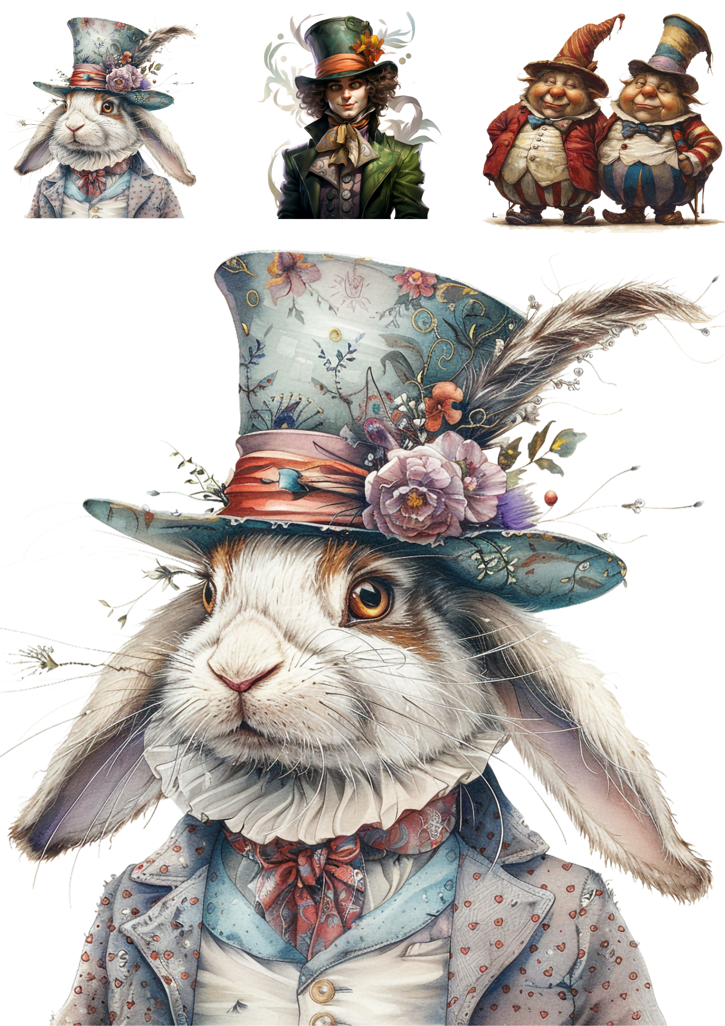 Sticker Sheet / Greeting Card – Alice In Wonderland White Rabbit In Hat Collage Cat. No. 4503