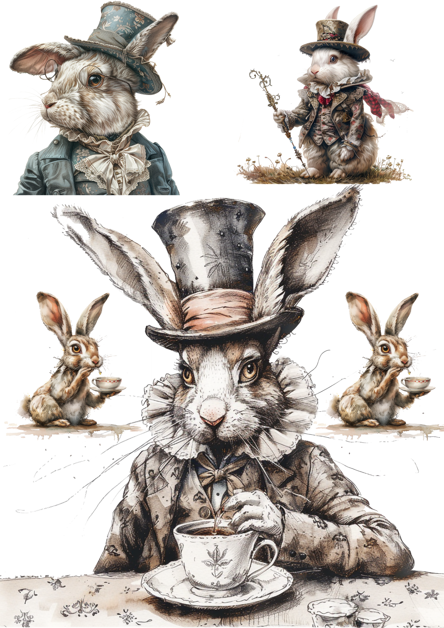 Sticker Sheet / Greeting Card – Alice In Wonderland White Rabbit In Hat Collage Cat. No. 4510