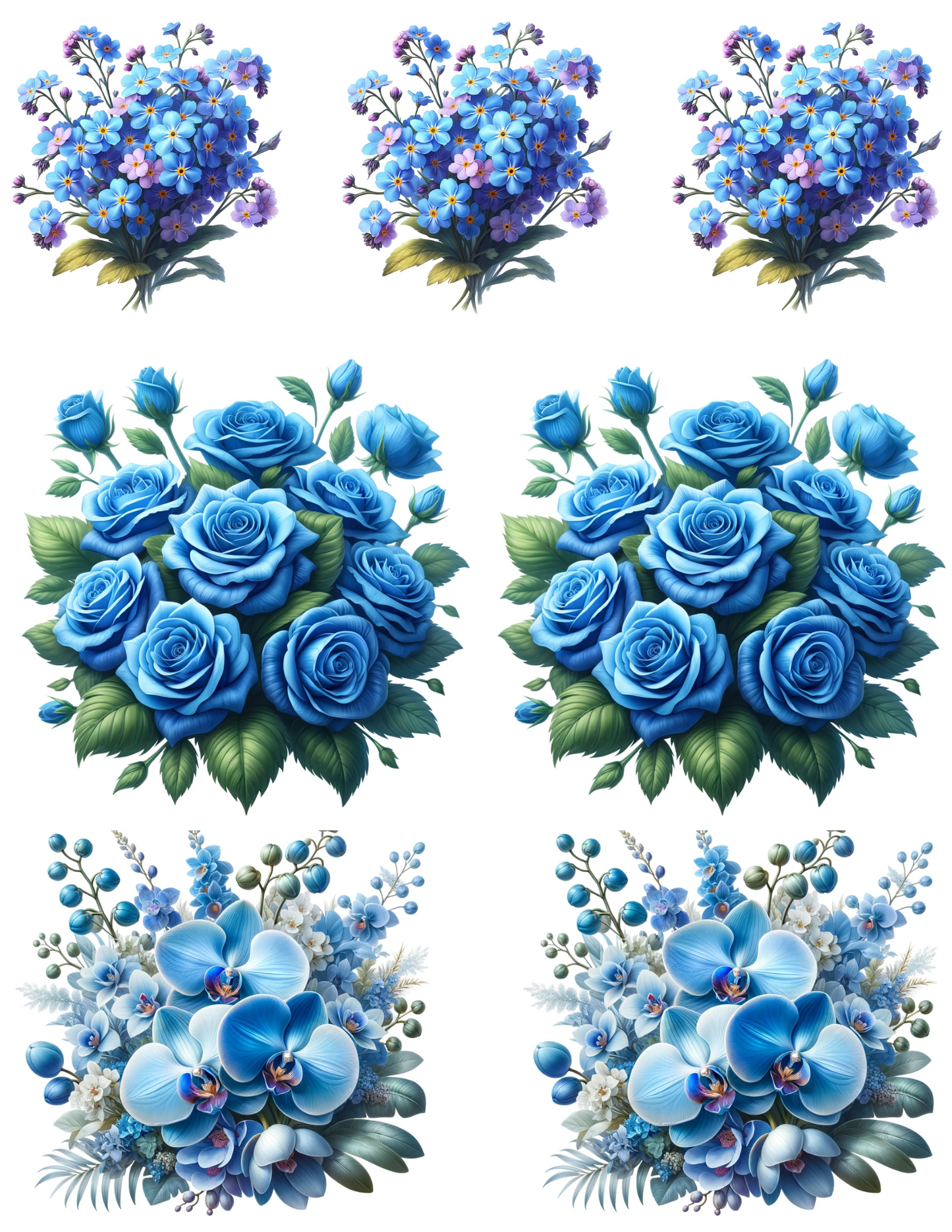 Sticker Sheet / Greeting Card – Blue Bouquets of Various Flowers Collage Cat. No. 4552