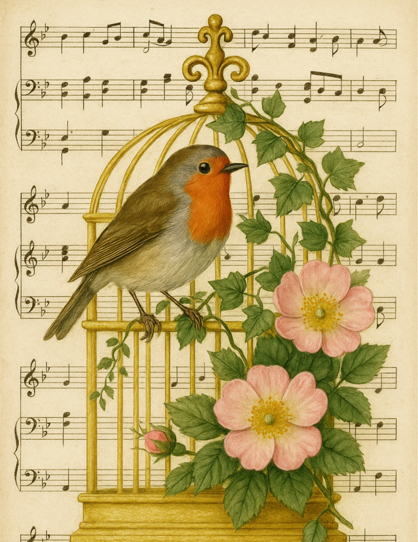 Sticker Sheet / Greeting Card – Red Robin On Red Cage Full Cat. No. 4564