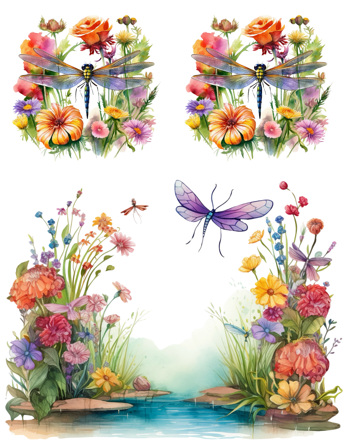 Sticker Sheet / Greeting Card – Dragonfly Over Flowers Collage Cat. No. 4574