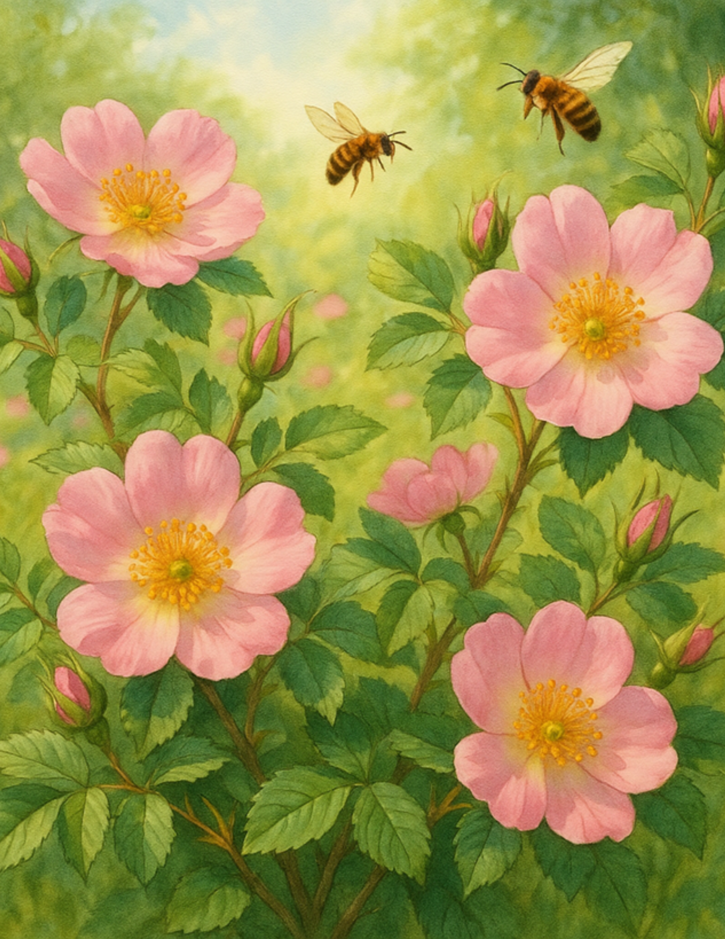 Sticker Sheet / Greeting Card – Bees Over Wild Roses Full Cat. No. 4590