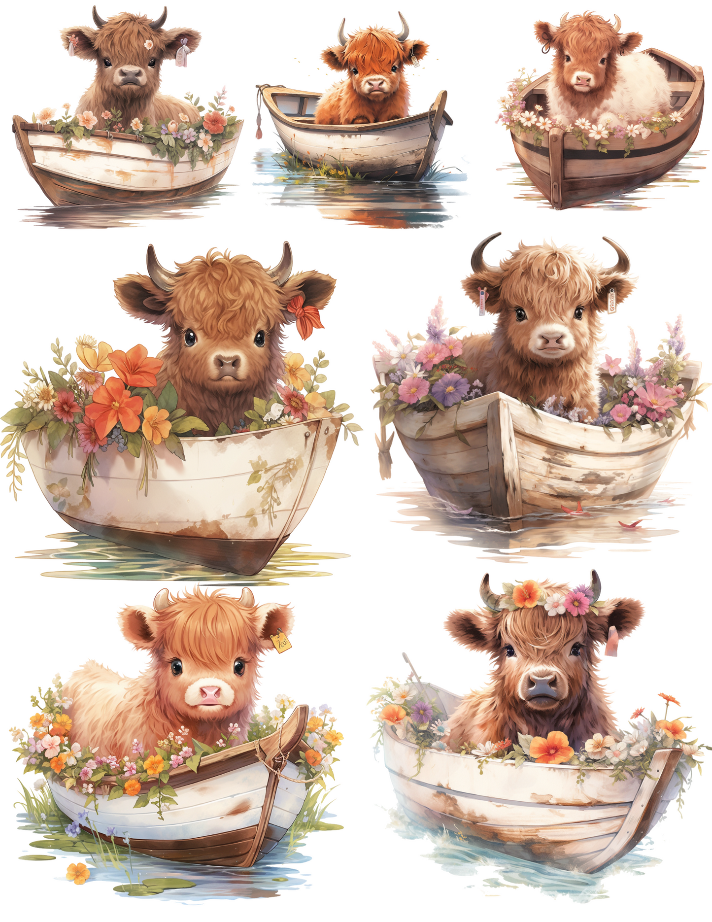 Sticker Sheet / Greeting Card – Rice Paper Decoupage High Land Cow In A Boat Cat. No. 4634