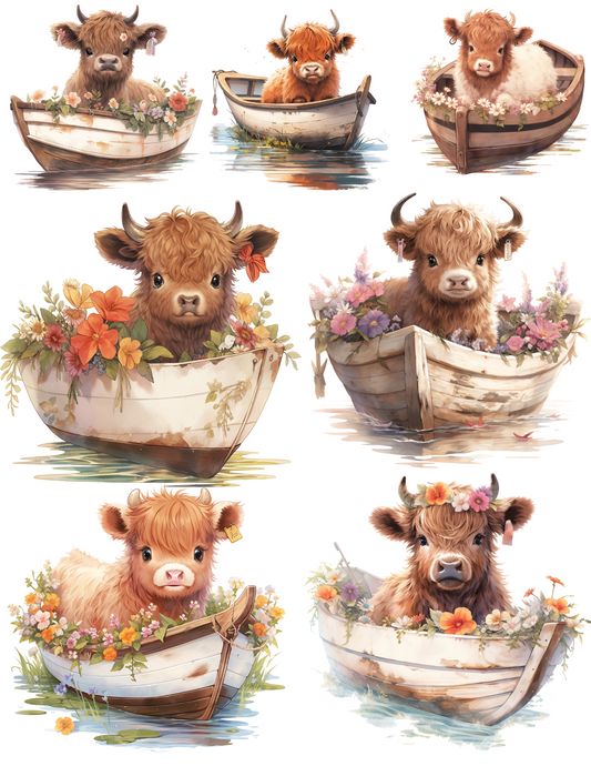 Sticker Sheet – Rice Paper Decoupage High Land Cow In A Boat Cat. No. 4634