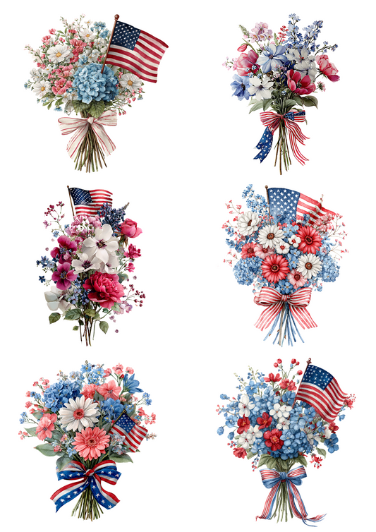 Sticker Sheet – Flower Bouquets With American Flag For Independence Day Collage Cat. No. 4656