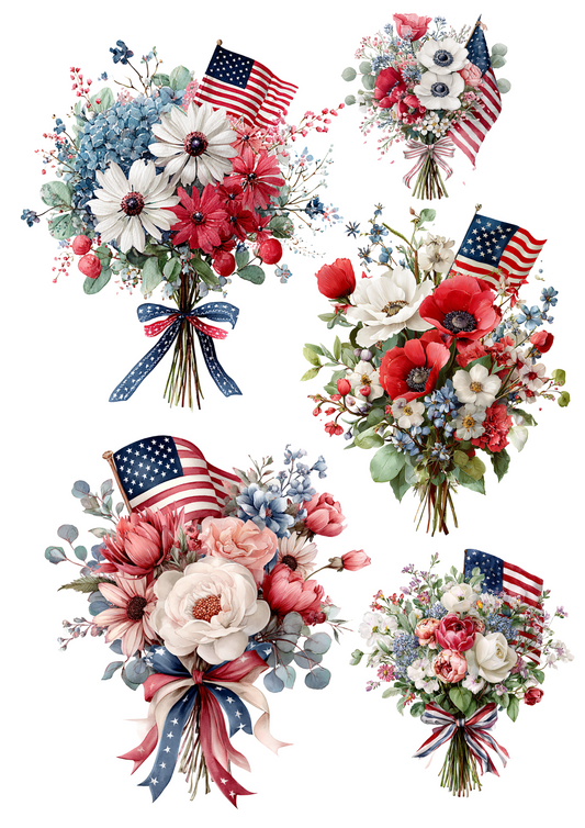 Sticker Sheet – Flower Bouquets With American Flag For Independence Day Collage Cat. No. 4661