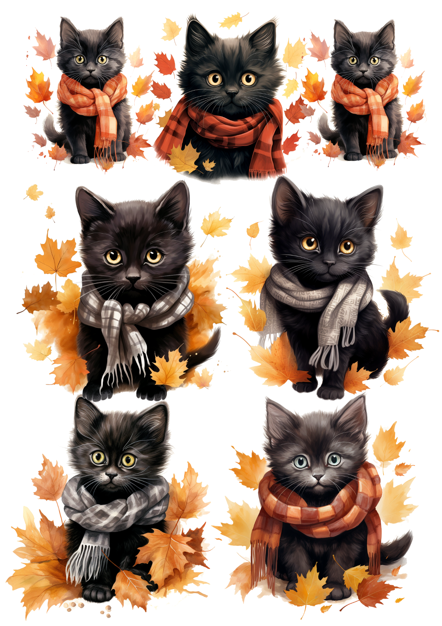 Sticker Sheet / Greeting Card – Halloween Autumn Black Little Cats In Scarves Cat. No. 4667