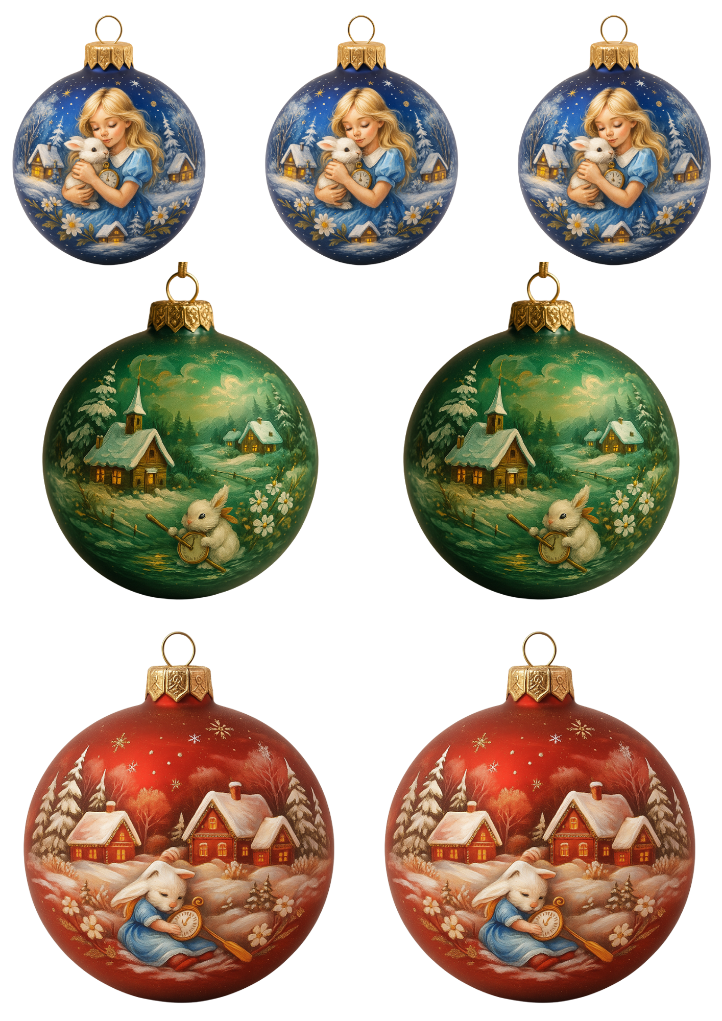 Sticker Sheet / Greeting Card – Traditional Christmas Baubles Decorated With Alice In Wonderland Motif Collage Cat. No. 4683