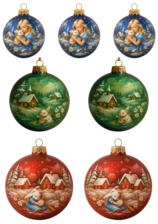 Sticker Sheet – Traditional Christmas Baubles Decorated With Alice In Wonderland Motif Collage Cat. No. 4683