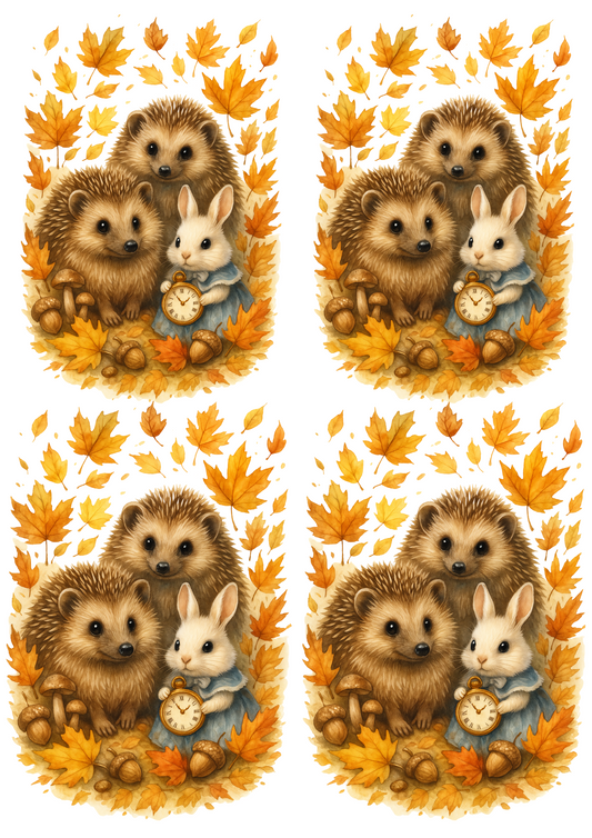Sticker Sheet – Autumn Hedgehogs With White Rabbit From Alice In Wonderland Collage Cat. No. 4684