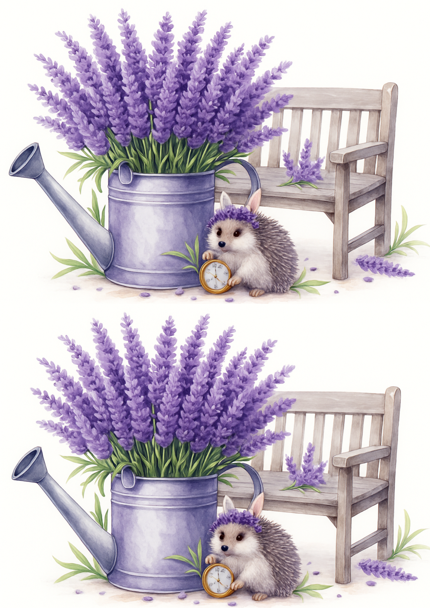 Sticker Sheet / Greeting Card – Rice Paper Decoupage Hedgehog With Pocket Watch In Lavender Collage Cat. No. 4686