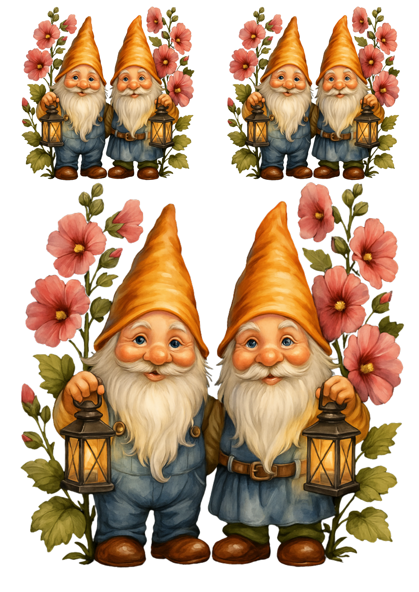 Sticker Sheet / Greeting Card – Gnomes In Flowers Hollyhocks Collage Cat. No. 4689