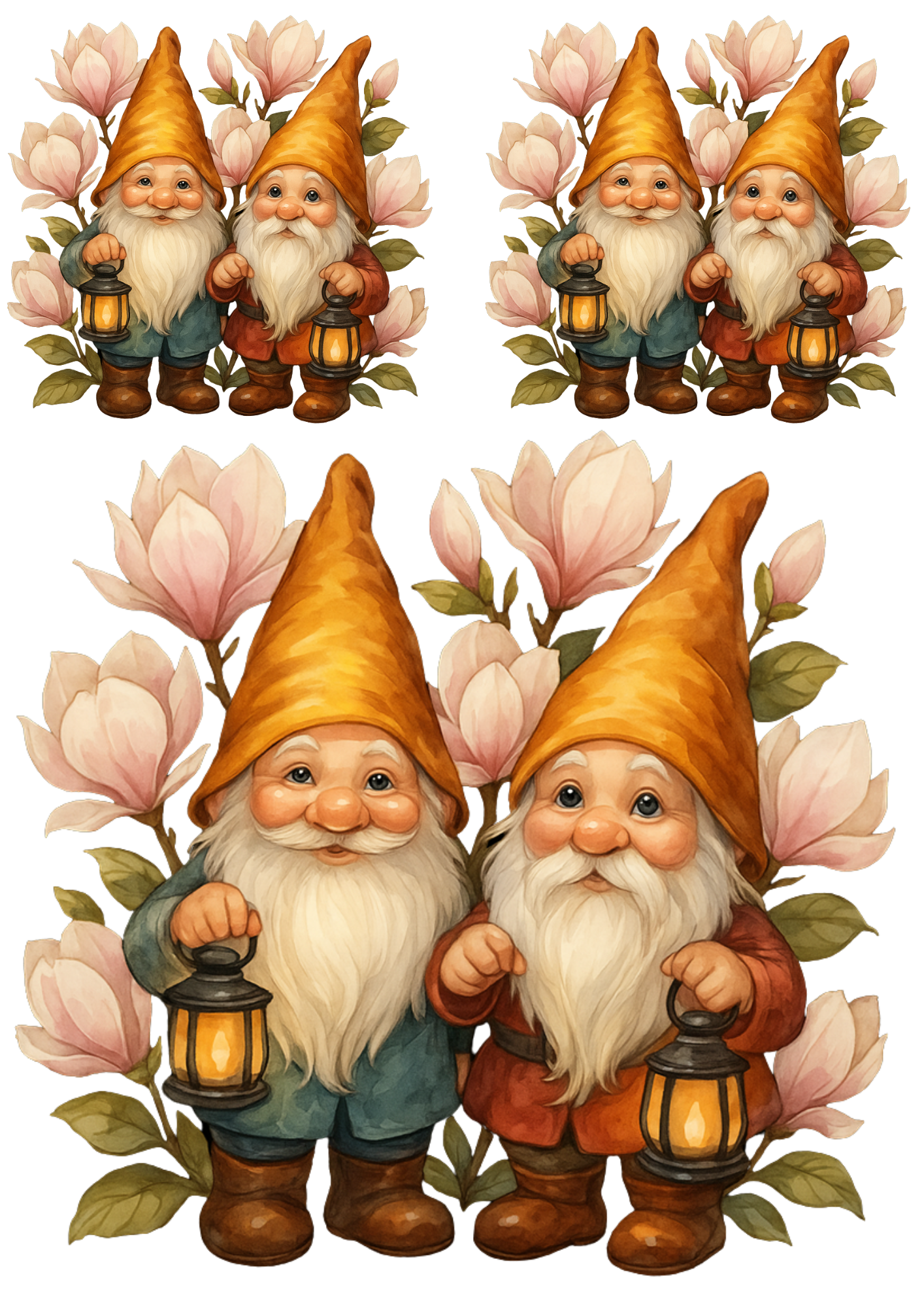 Sticker Sheet / Greeting Card – Gnomes In Magnolia Flowers Collage Cat. No. 4690