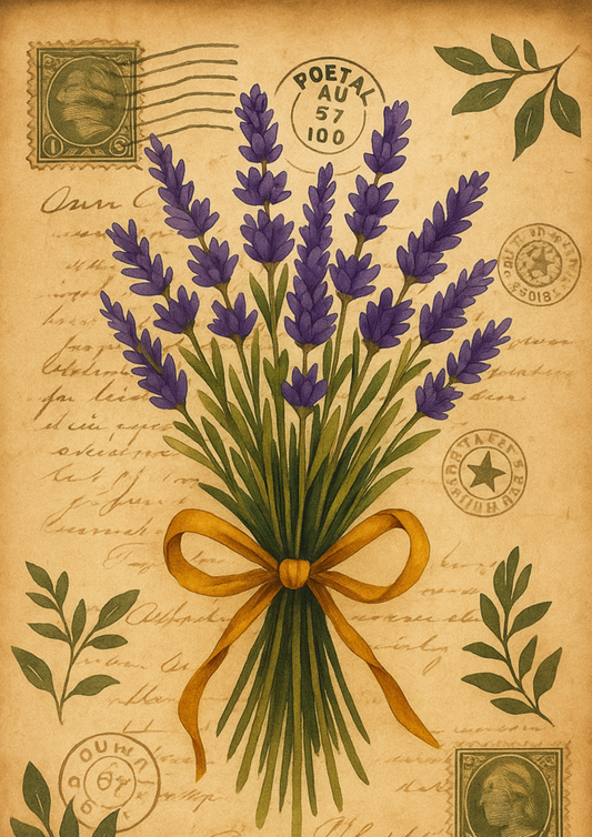 Sticker Sheet – Lavender Bouquet On Old Postcard Full Cat. No. 4691
