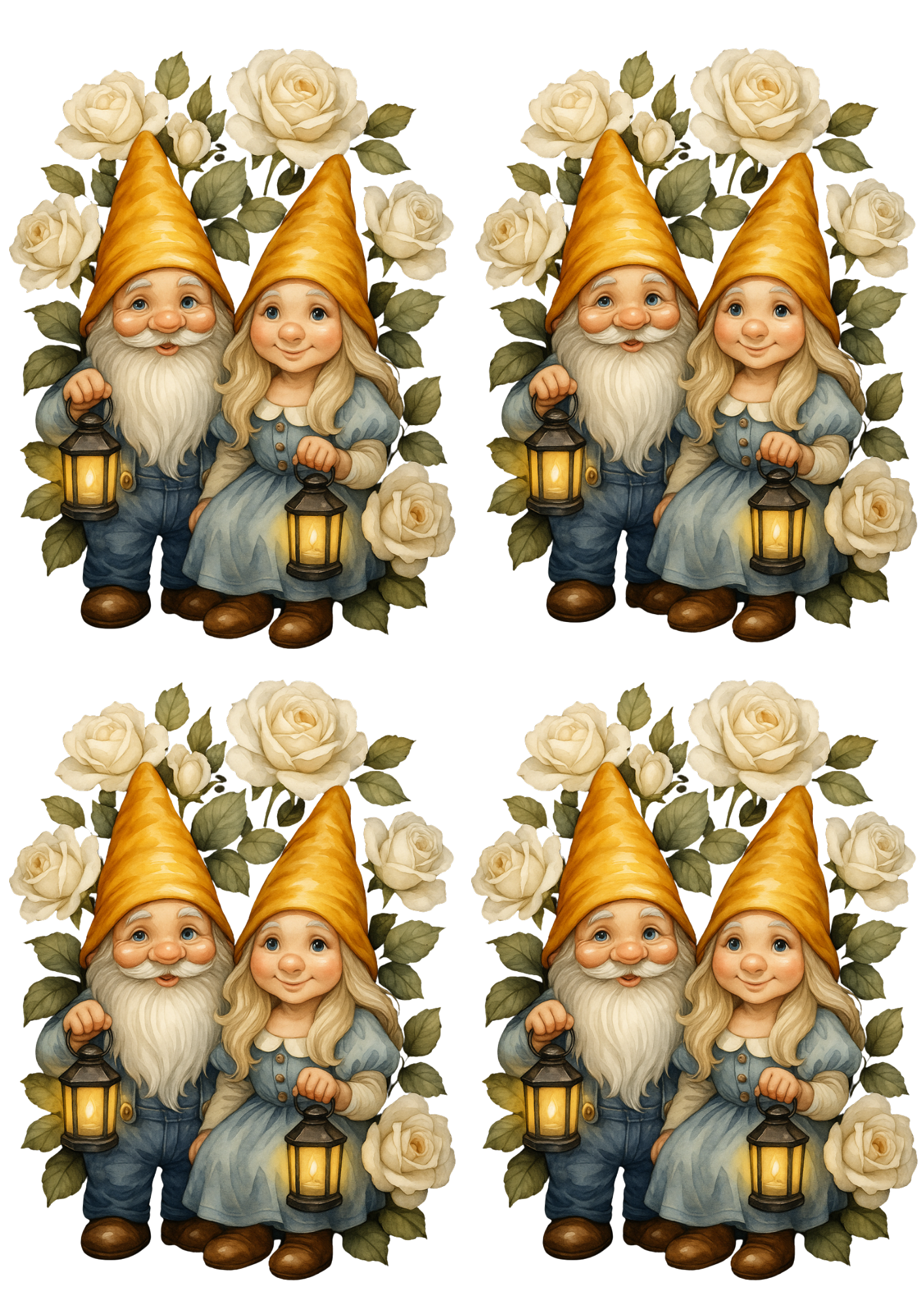 Sticker Sheet / Greeting Card – Gnomes In White Roses Cat. No. 4694