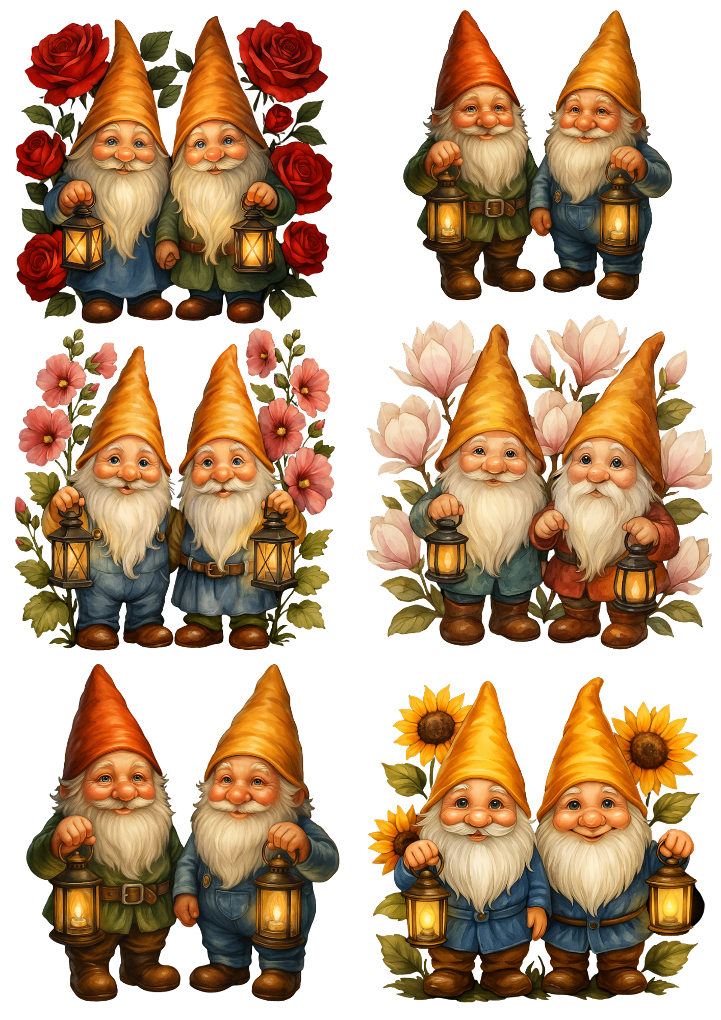 Sticker Sheet / Greeting Card – Gnomes In Flowers Various Collage Cat. No. 4696