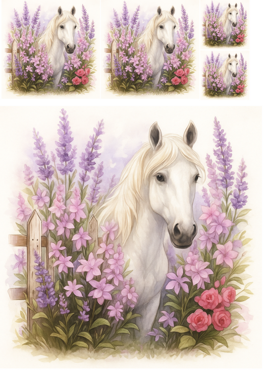 Sticker Sheet – White Horse In Lavender Collage Cat. No. 4698