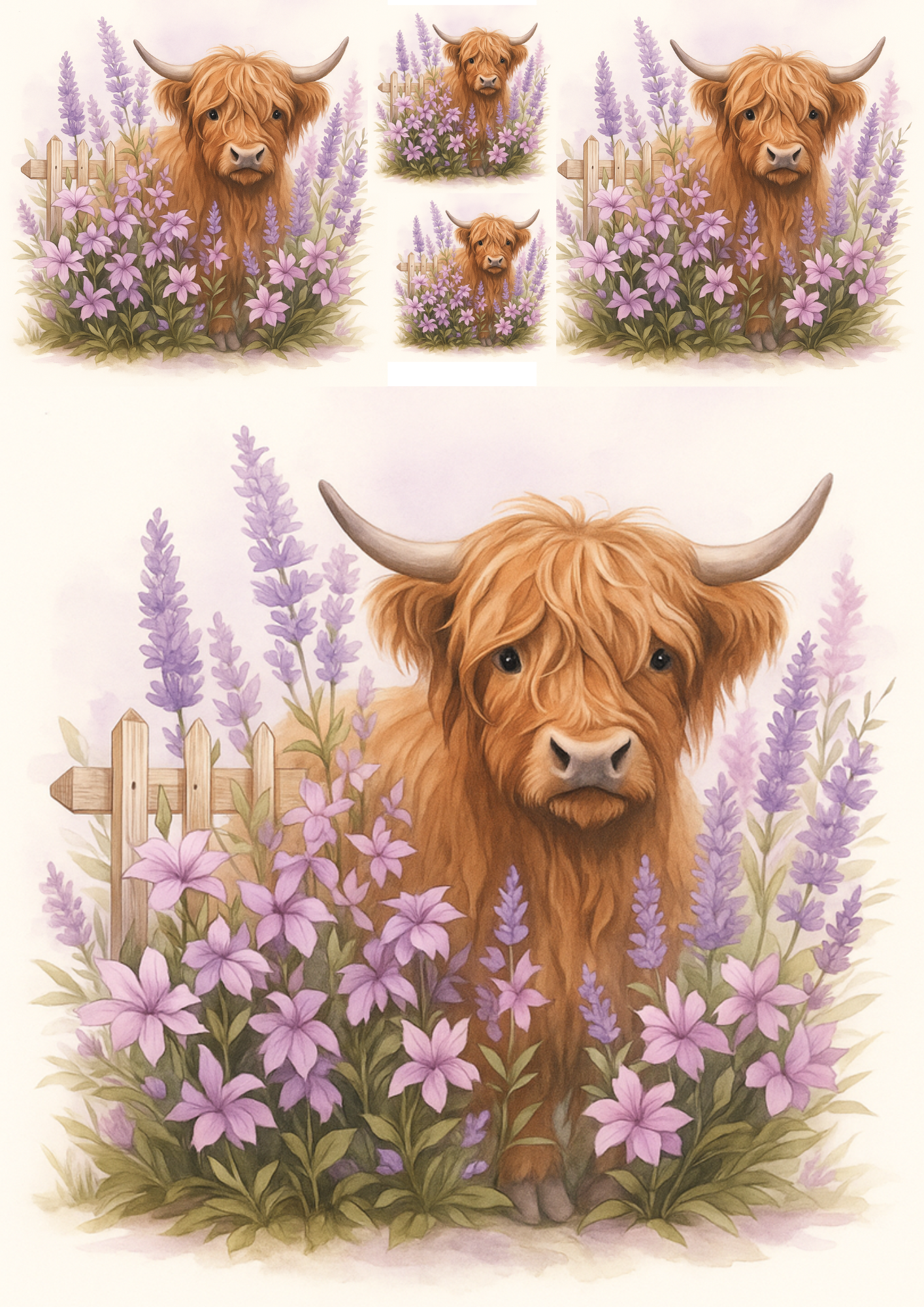 Sticker Sheet – Rice Paper Decoupage Highland Cow In Lavender Collage Cat. No. 4703
