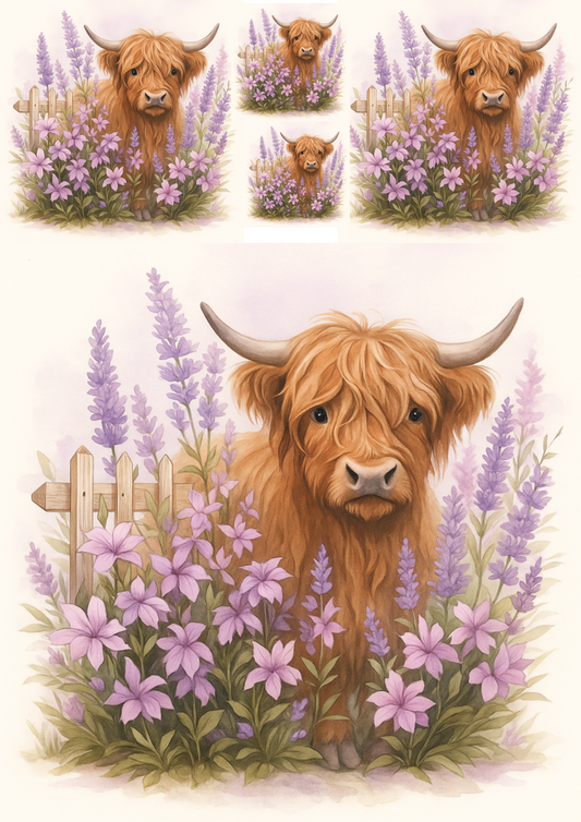 Sticker Sheet – Rice Paper Decoupage Highland Cow In Lavender Collage Cat. No. 4703