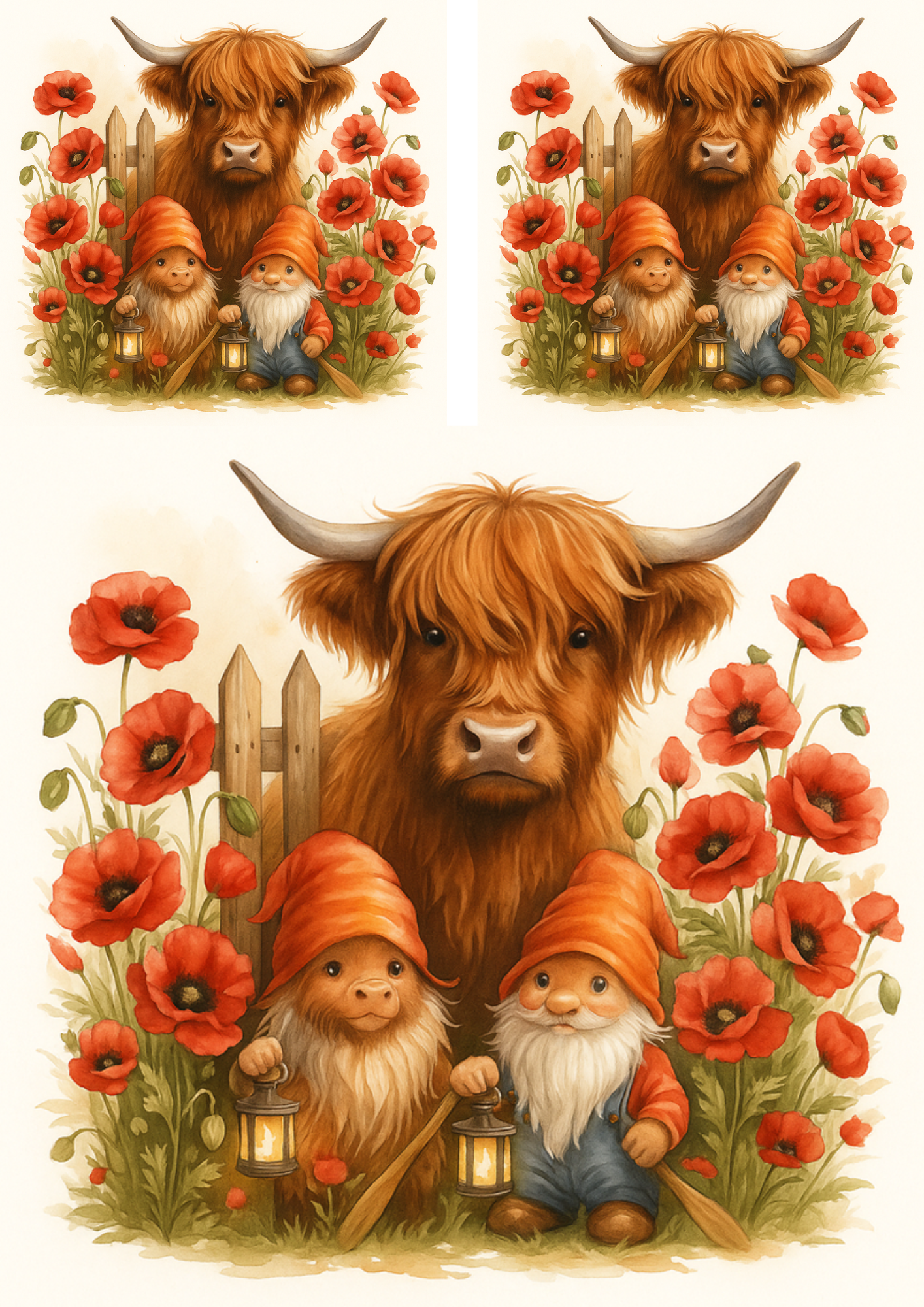 Sticker Sheet – Rice Paper Decoupage Highland Cow In Red Poppies And Gnomes Collage Cat. No. 4704