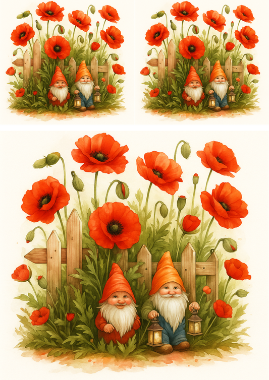 Sticker Sheet – Rice Paper Decoupage Gnoma In Red Poppies Collage Cat. No. 4705