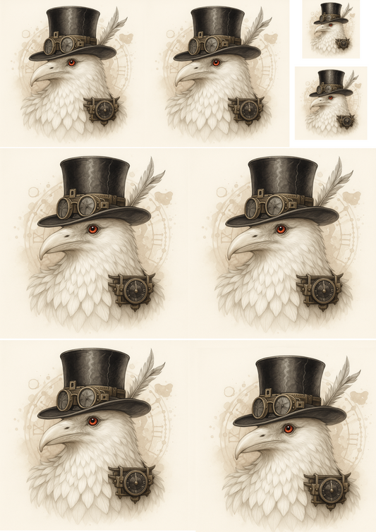 Sticker Sheet – White Raven In Hat Steampunk Collage Cat. No.4708