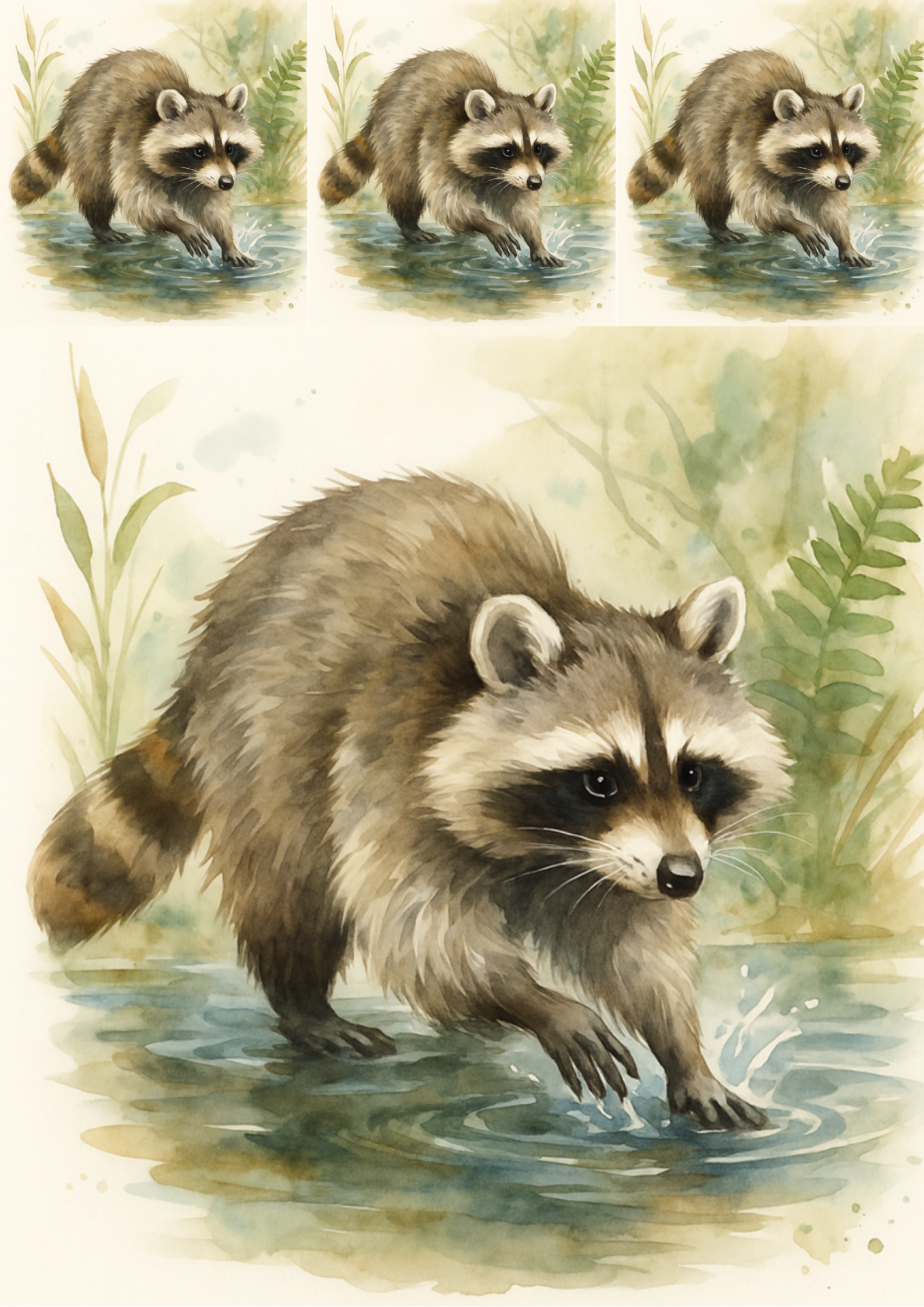 Sticker Sheet / Greeting Card – Raccoon In Puddle Collage Cat. No. 4715
