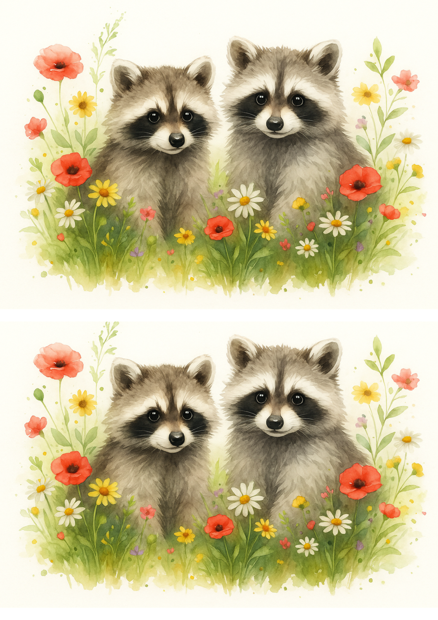 Sticker Sheet / Greeting Card – Raccoons In Flowers Collage Cat. No. 4716