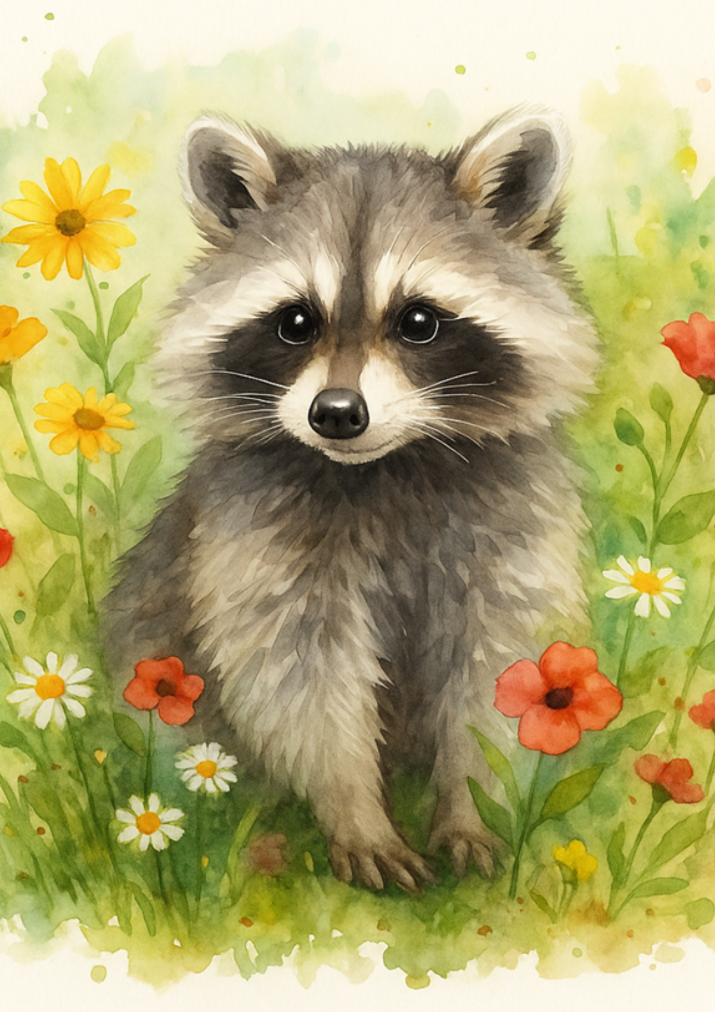 Sticker Sheet / Greeting Card – Raccoon In Flowers Full Cat. No. 4717