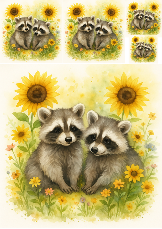 Stickerbogen – Waschbären in Sonnenblumen-Collage, Kat.-Nr. 4718