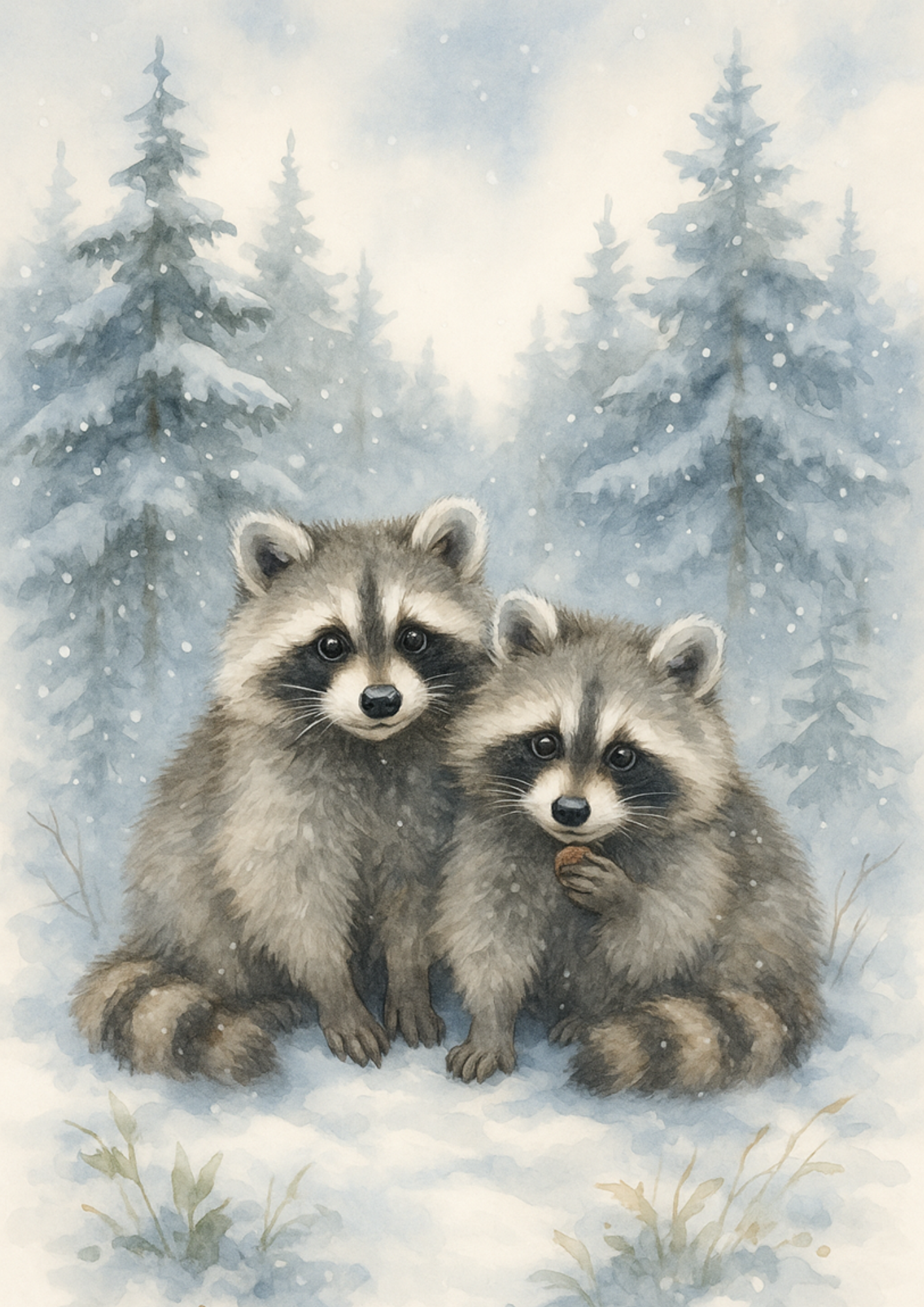 Sticker Sheet / Greeting Card – Raccoons In Winter Full Cat. No. 4723