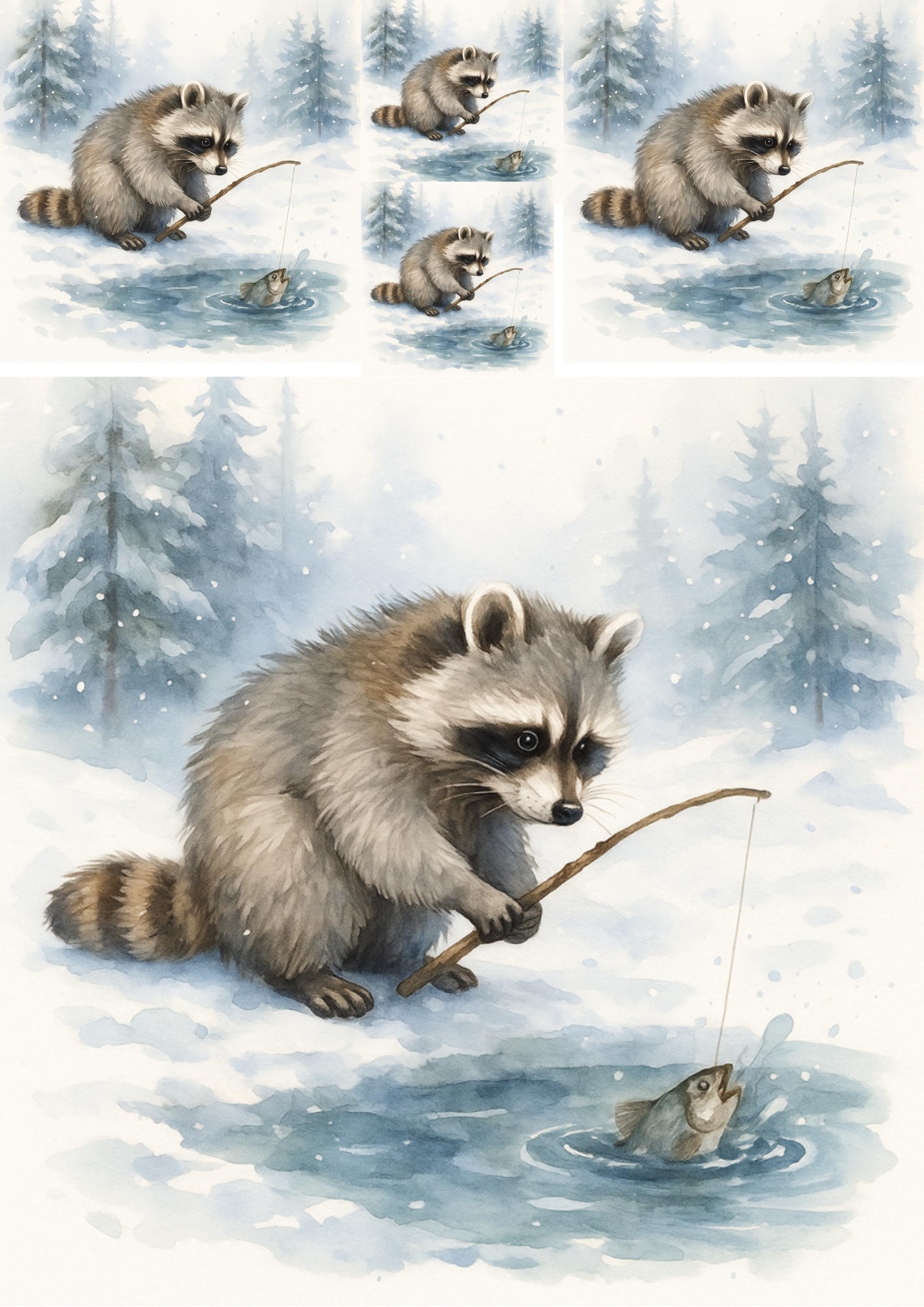 Sticker Sheet / Greeting Card – Raccoon Catches Fish In An Ice Hole Collage Cat. No. 4725