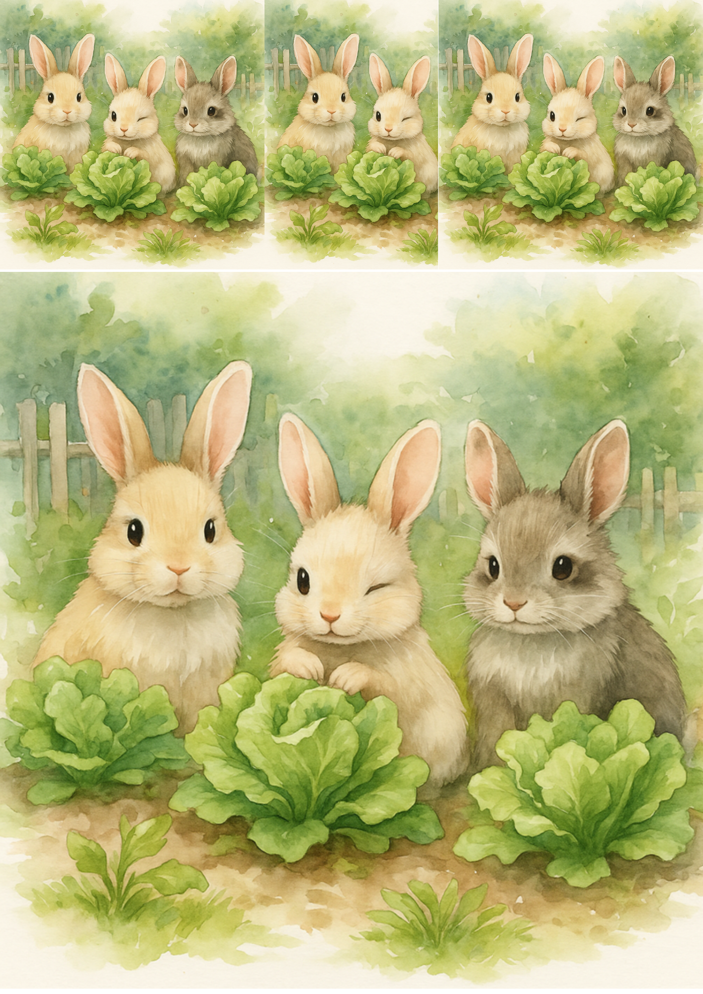Sticker Sheet / Greeting Card – Bunnies And Lettuce Collage Cat. No. 4729