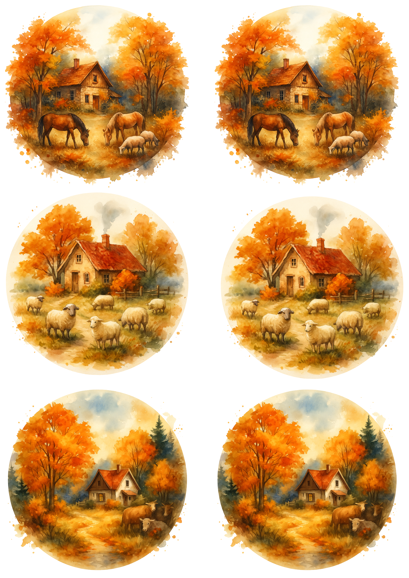 Sticker Sheet / Greeting Card – Autumn Farm In Circles Collage Cat. No. 4747
