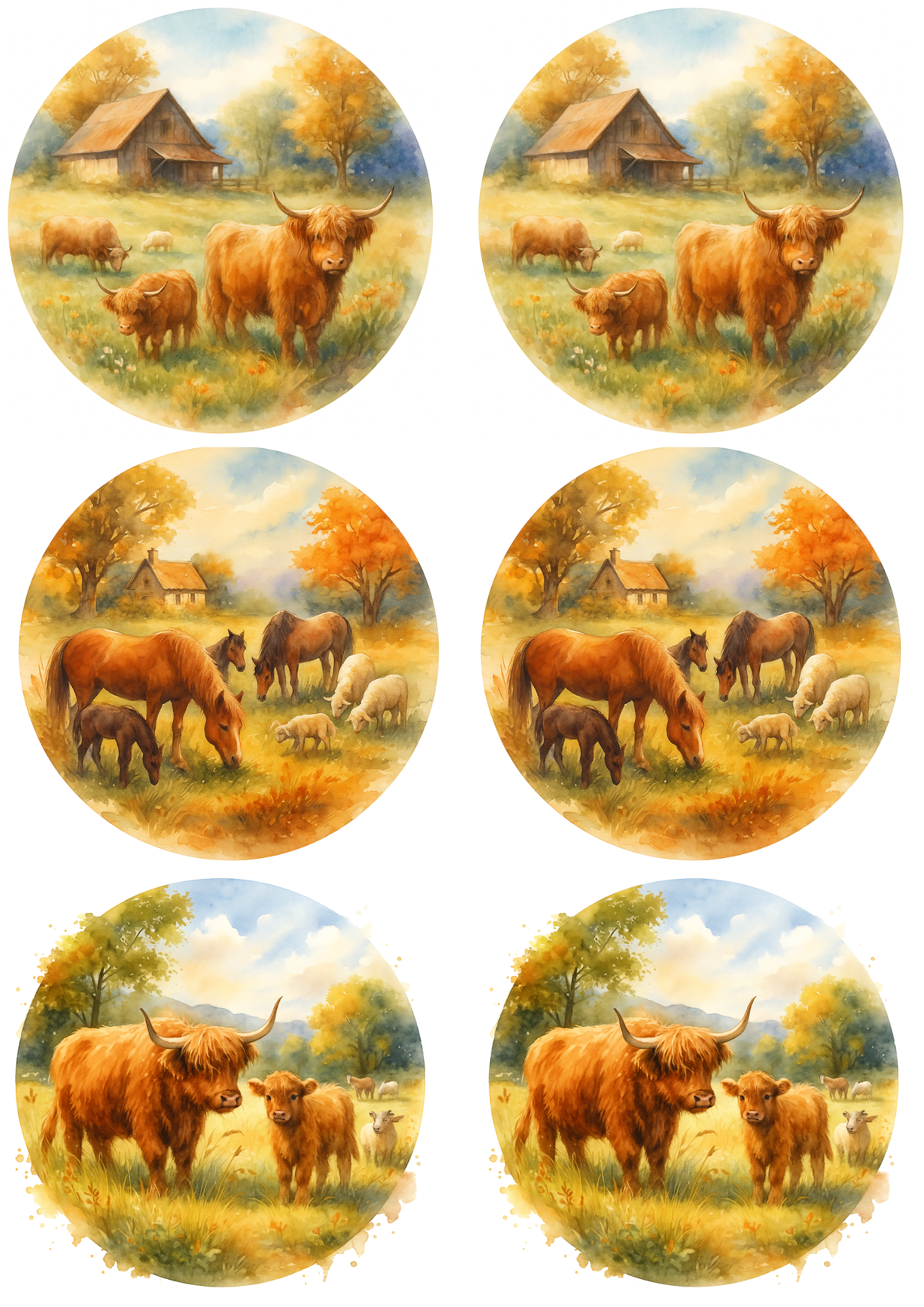 Sticker Sheet / Greeting Card – Highland Cow On Autumn Farm In Circles Collage Cat. No. 4748
