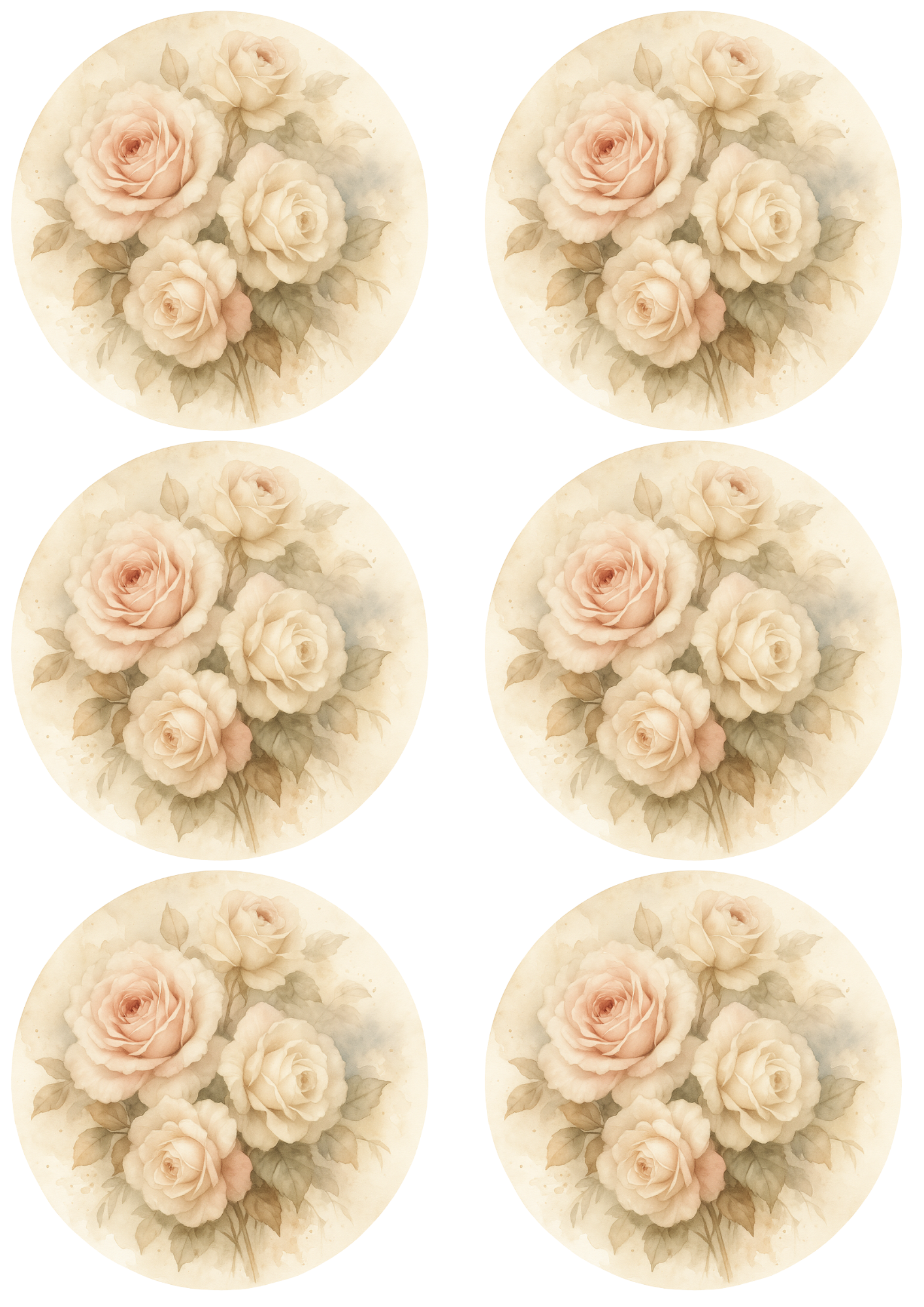 Sticker Sheet / Greeting Card – Cream Roses Shabby Chic In Circles Collage Cat. No. 4750