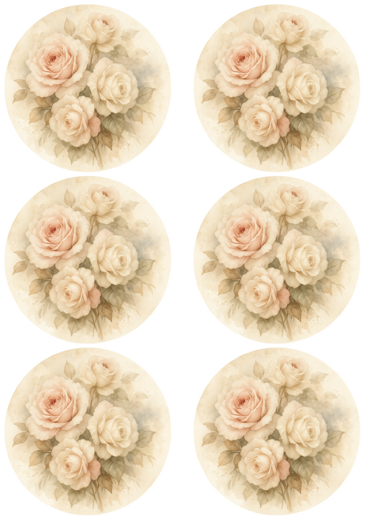 Sticker Sheet – Cream Roses Shabby Chic In Circles Collage Cat. No. 4750