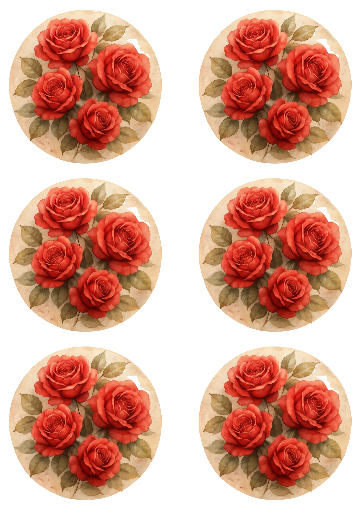 Sticker Sheet / Greeting Card – Red Roses Shabby Chic In Circles Collage Cat. No. 4751