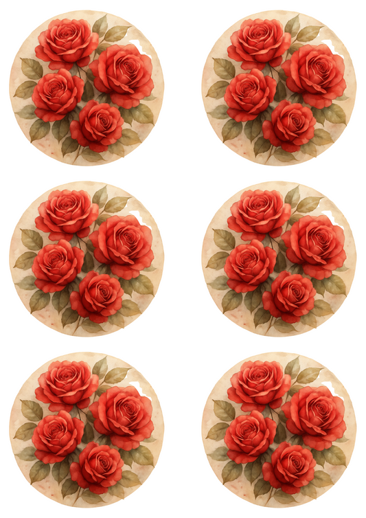 Sticker Sheet – Red Roses Shabby Chic In Circles Collage Cat. No. 4751