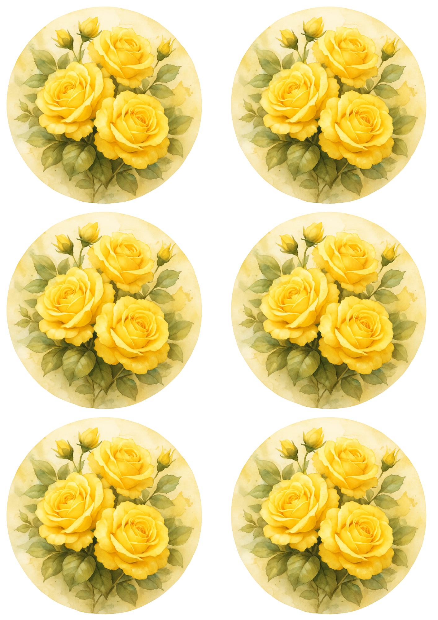 Sticker Sheet / Greeting Card – Yellow Roses Shabby Chic In Circles Collage Cat. No. 4753