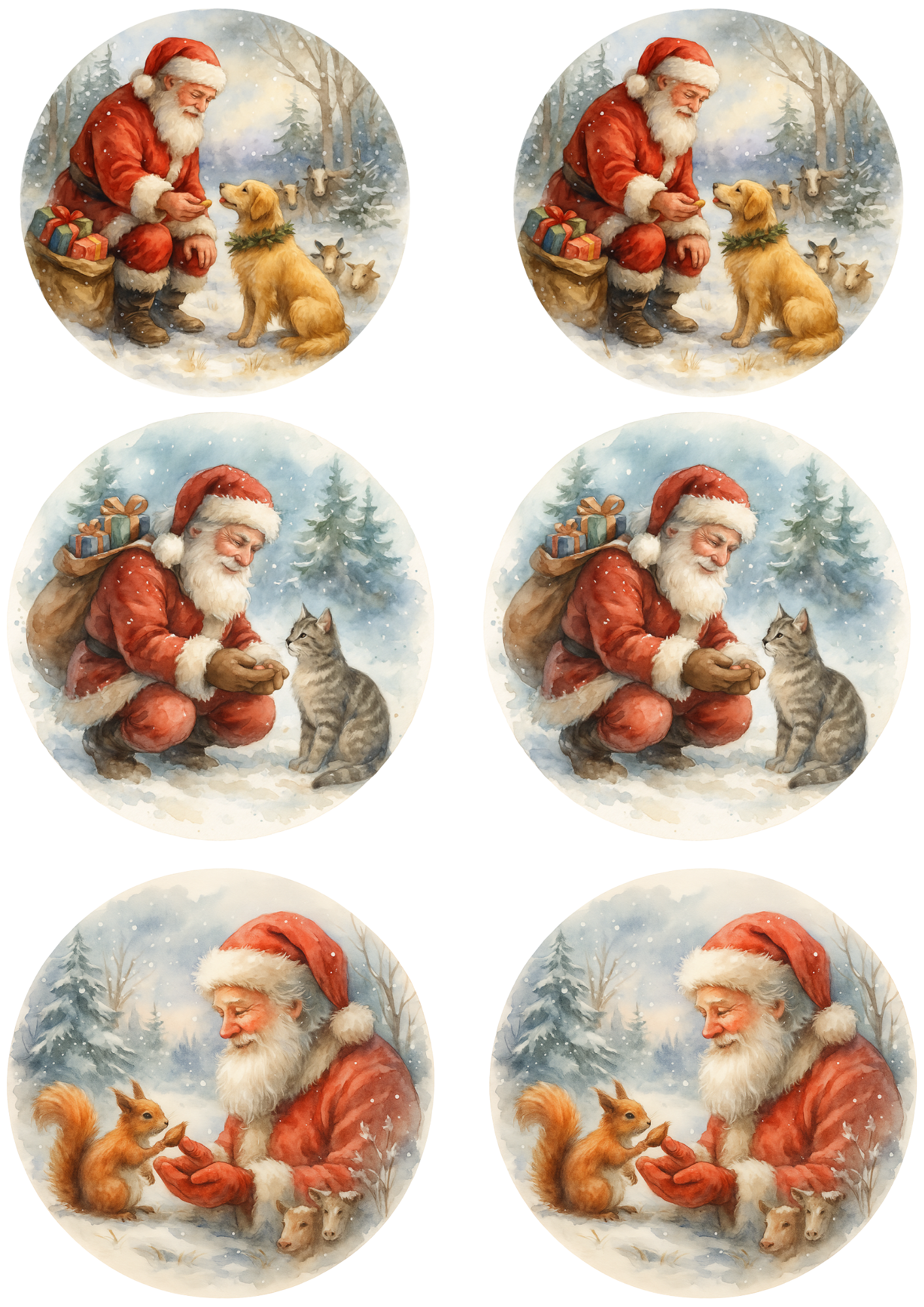 Sticker Sheet / Greeting Card – Santa Claus Feeds Animals In Circles Collage Cat. No. 4755