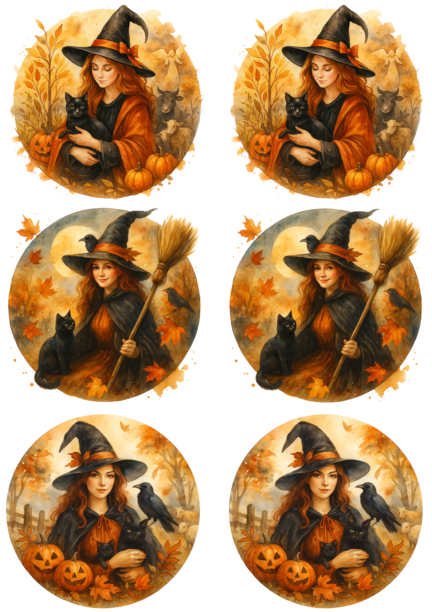Sticker Sheet / Greeting Card – Witch With Black Cat In Circles Collage Cat. No. 4756