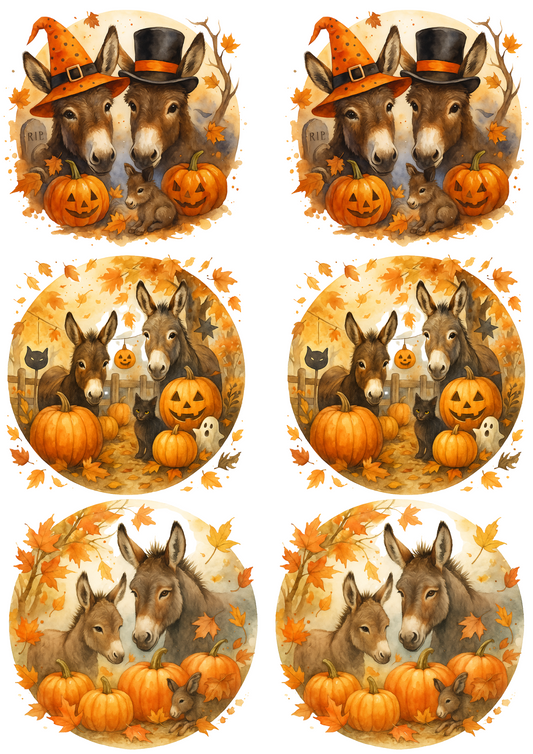 Sticker Sheet β Donkeys And Pumpkins Halloween In Circles Collage Cat. No. 4757