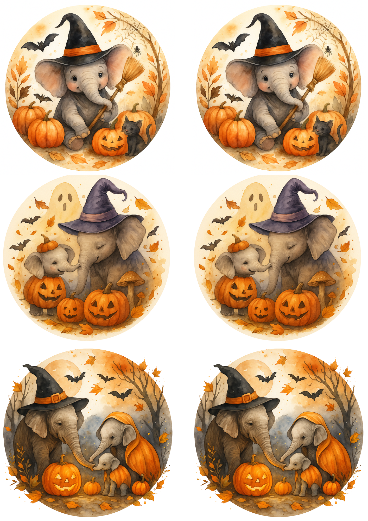 Sticker Sheet – Elephants And Pumpkins Halloween In Circles Collage Cat. No. 4758