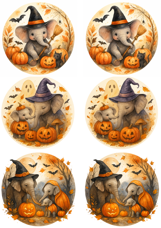 Sticker Sheet β Elephants And Pumpkins Halloween In Circles Collage Cat. No. 4758