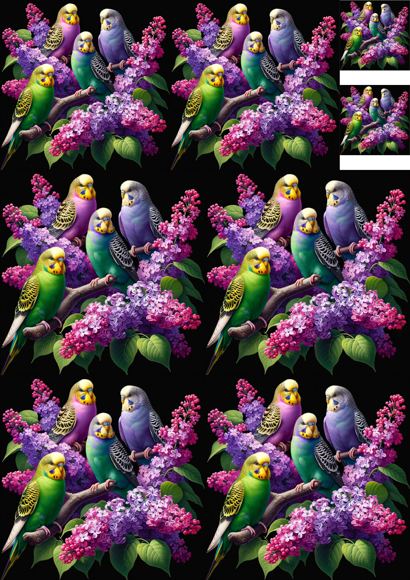 Sticker Sheet / Greeting Card – Budgerigars On Lilac Branches Collage Cat. No. 4760