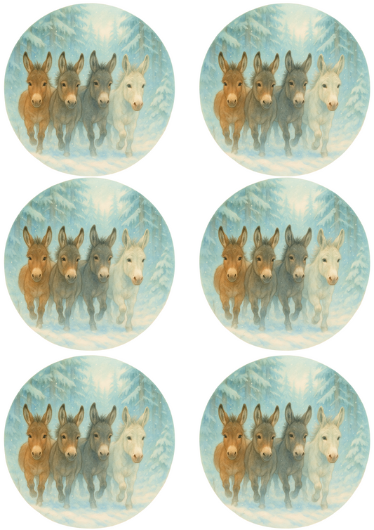 Sticker Sheet – Running Donkeys In Winter In Circles Collage Cat. No. 4762